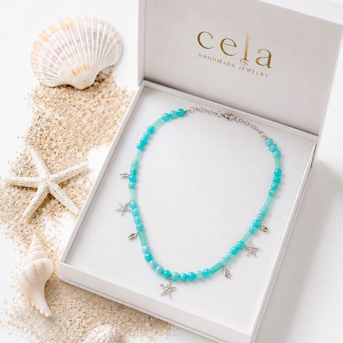 Handmade Long Necklace with Blue-Green Precious Stone JADE and metallic stars and shells