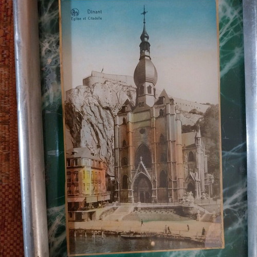 Set of old serving tray with Belgian postcards and Russian museum guides used