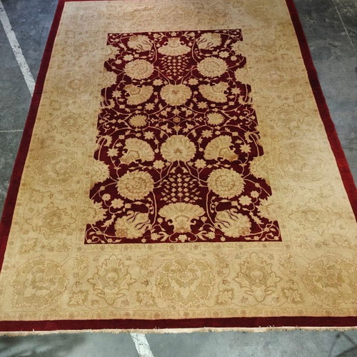 Persian Rug classic style with deep burgundy and beige floral motifs like new