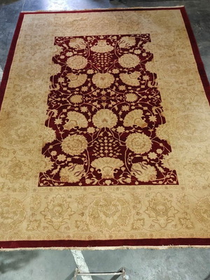 Persian Rug classic style with deep burgundy and beige floral motifs like new