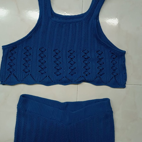Knitted summer set two pieces top and perforated pants royal blue like new
