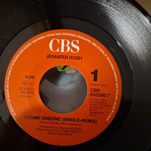 Jennifer Rush I Come Undone 45 RPM record