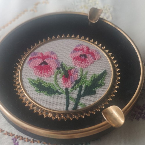 Vintage circular ashtray used, 16 cm diameter with embroidered glass insert