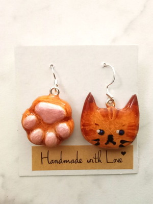 Handmade cat earrings brown, new