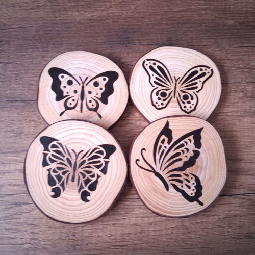 Handmade coasters with pyrography butterflies, new, wood slices 8-9 cm