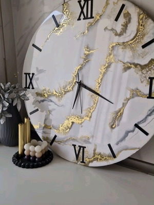 Wall clock made of liquid glass new, handmade with gold and silver accents
