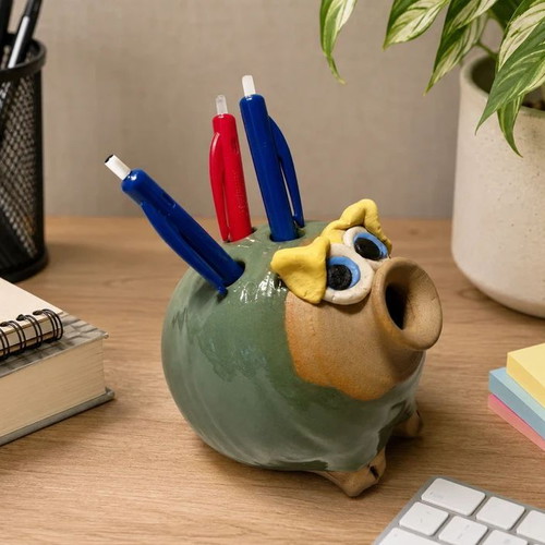 Ugly Pottery Wales Handmade Ceramic Pen Holder, Funny Pig