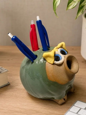 Ugly Pottery Wales Handmade Ceramic Pen Holder, Funny Pig