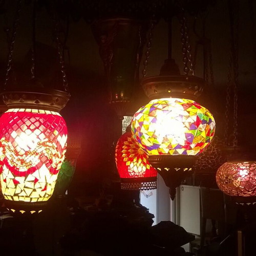 Moroccan Boho Ceiling Light with 8 Different Colored Lamps like new