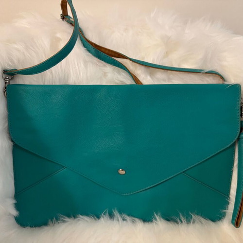 Leather envelope bag used, turquoise with shoulder and hand strap