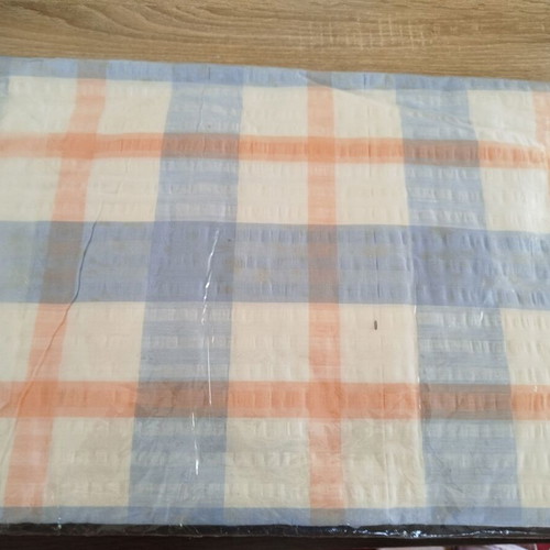 Tablecloth with 6 napkins new, bright white blue and orange colors