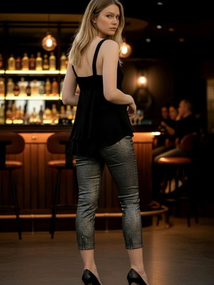 Women's Airy Black Top and Stylish H&M Jean Capri with Glitter Like New