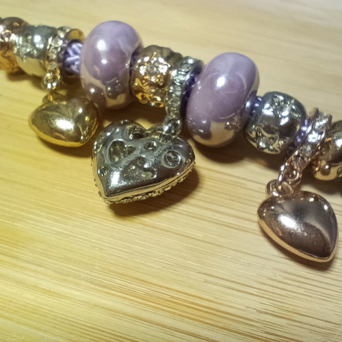 Purple women's bracelet with rhinestones, heart clasp