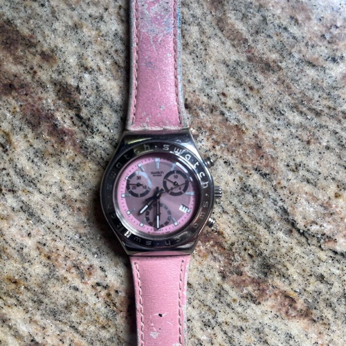 Swatch wristwatch used with chronographs and date, pink