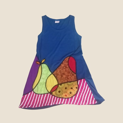 Boho cotton dress used, blue with colorful patchwork, S-M
