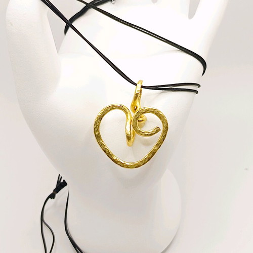 Handmade heart pendant brass with pink Swarovski beads and black nylon cord