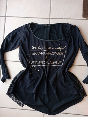 On Line blouse used, black with gold print and lace, size S