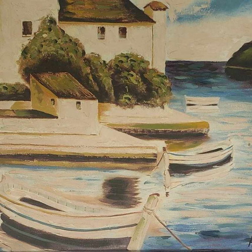 Handmade painting on canvas used, boats at sea