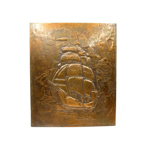 Vintage copper wall art with sailing ship relief, like new