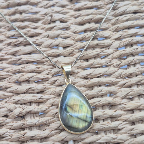 Labradorite Cabochon Brass Necklace Tear Shaped New
