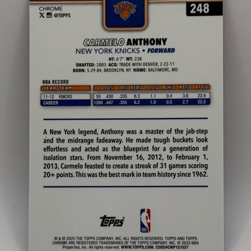 Carmelo Anthony Red/White/Blue Refractor Card like new