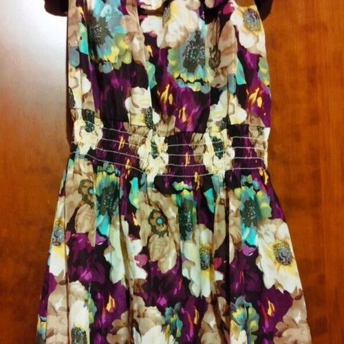 Floral mini dress used, purple, elastic waist, size XL