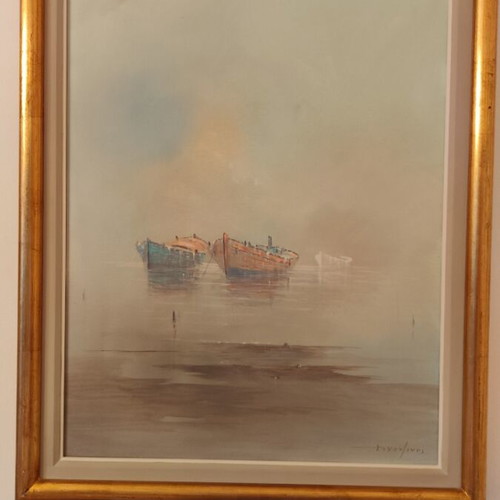 Dimitris Hantzinas oil painting seascape with traditional fishing boats