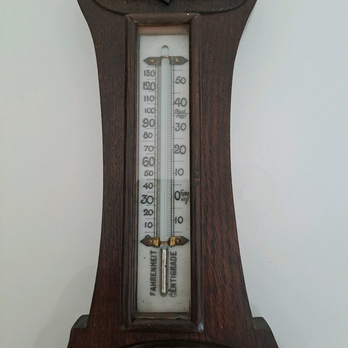 Vintage aneroid barometer with thermometer used, hand-carved wood case