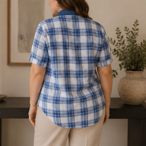 Women's short-sleeve checked shirt XL like new, 100% cotton, blue