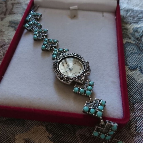 Silver women's watch 925 with turquoise and marcasite new