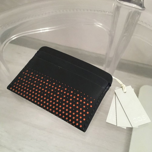 COS genuine leather card holder new, dark blue with orange lining