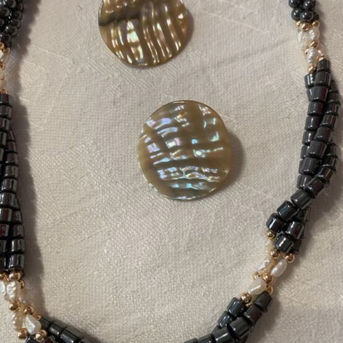 Vintage jewelry set hematite multi-strand necklace and mother of pearl clip earrings like new