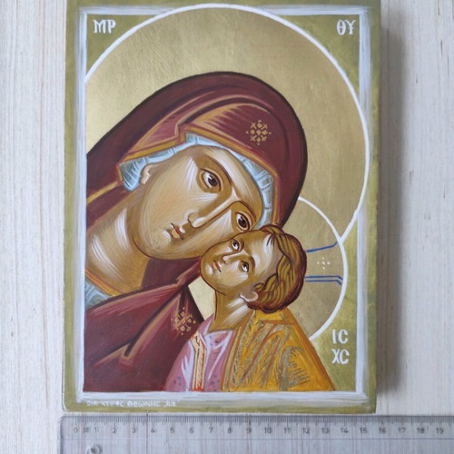 Icon of Virgin Mary with Baby Jesus new, handmade painting 20x15 cm