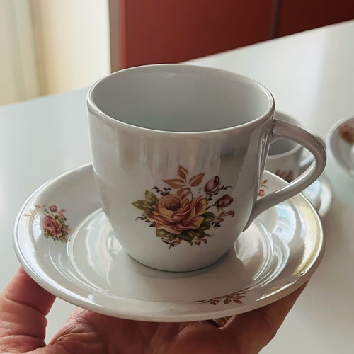 Korosten vintage coffee/tea set used, 4 persons, iridescent porcelain