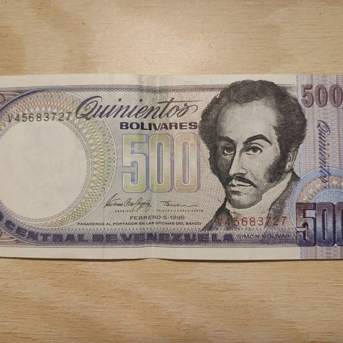 500 Bolívar Venezuela banknote used, 1990 edition with Simón Bolívar