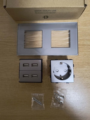 CNBINGO Glass Built-in Single Schuko Socket with 4 USB Ports 2.4A, Gray, New
