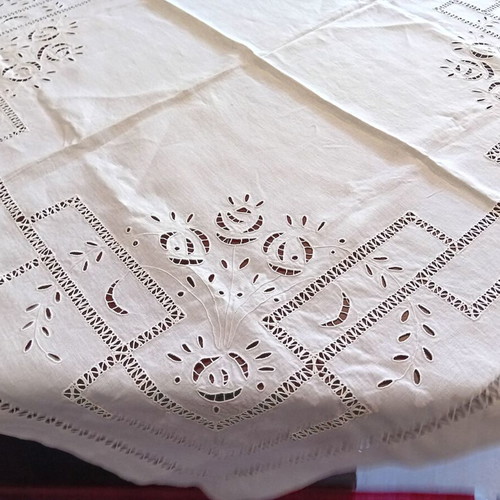 Handmade white large cutwork tablecloth 1x1 French linen