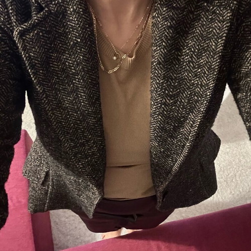 Zara wool blazer used, brown herringbone pattern
