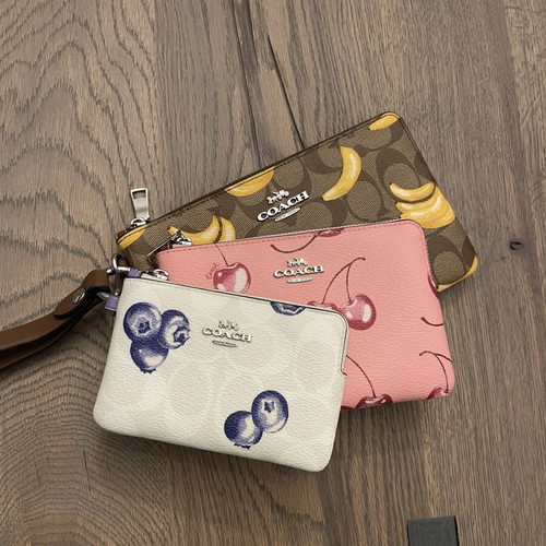 Coach Corner Zip Trio wallet set in signature canvas with fruit print