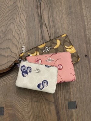 Coach Corner Zip Trio wallet set in signature canvas with fruit print