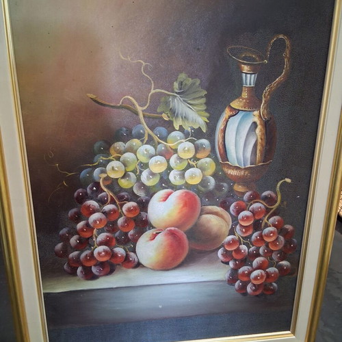 Oil painting still life with grapes and peaches