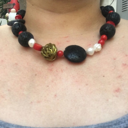Handmade necklace new with lava, coral and pearl