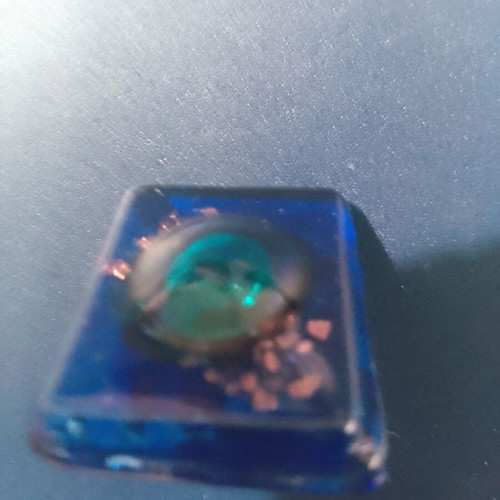 Handmade glass ring in blue and green with gold flakes, new, adjustable