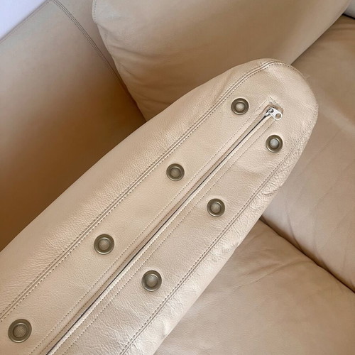 Two-seater leather sofa, beige, handmade, beech frame