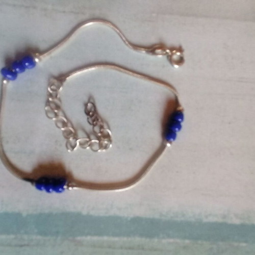 925 Silver Anklet with Snake Chain and Blue Beads New