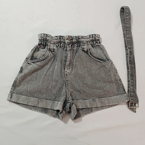 Bershka high-waisted denim shorts with belt, grey acid wash, like new, size 38
