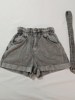 Bershka high-waisted denim shorts with belt, grey acid wash, like new, size 38