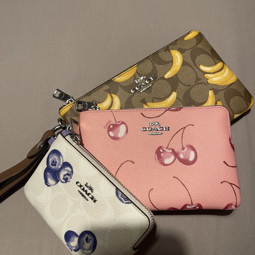 Coach Corner Zip Trio wallet set in signature canvas with fruit print