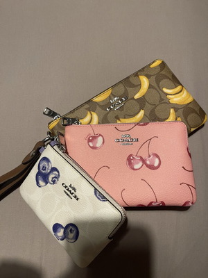 Coach Corner Zip Trio wallet set in signature canvas with fruit print