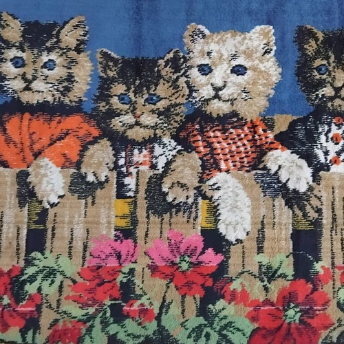 Vintage tapestry rug 'Kittens on the Fence' velvet wall hanging
